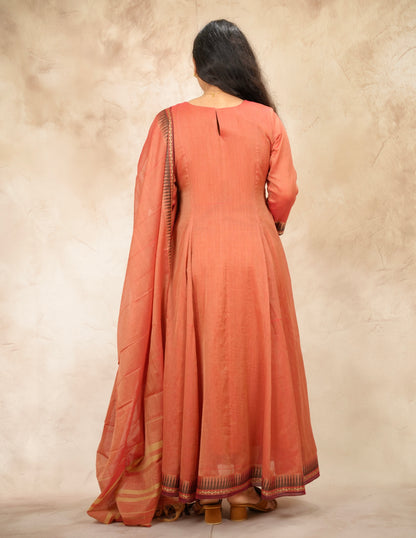 Peach Ajrakh Patch Work Narayanpet Cotton Anarkali Dress with Narayanpet Dupatta | Looms & Tassels