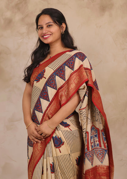 Cream Lotus Ajrakh Handblock printed Dola Silk Saree | Looms & Tassels