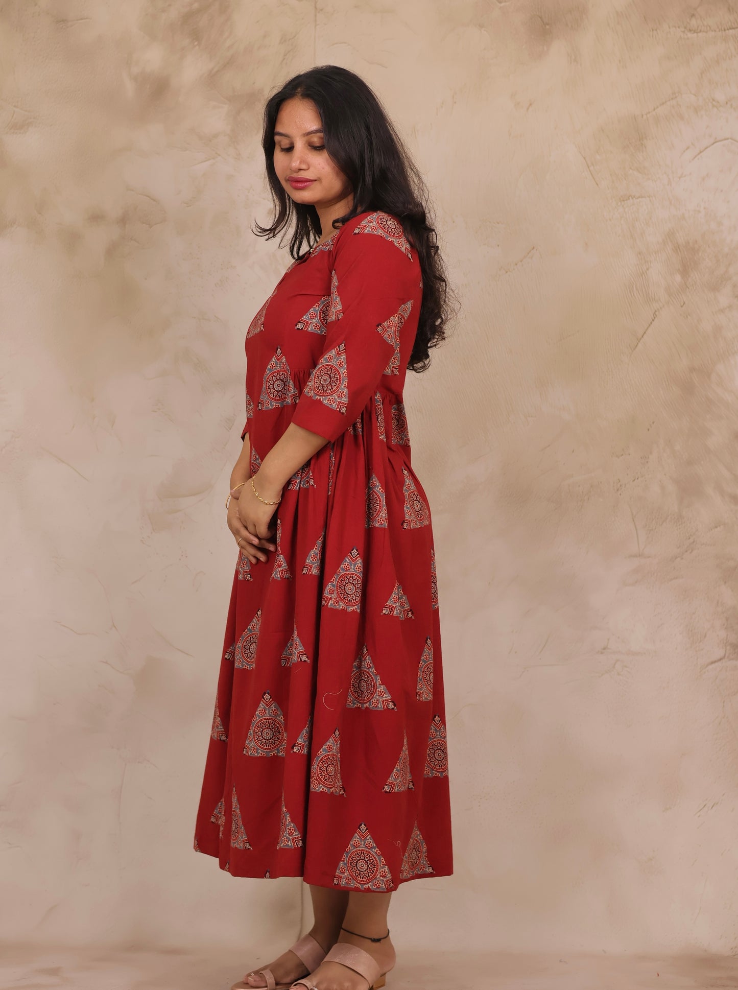 Red Pure Mul Cotton Ajrakh Aline Dress | Looms & Tassels