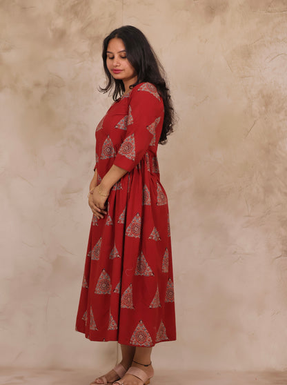 Red Pure Mul Cotton Ajrakh Aline Dress | Looms & Tassels