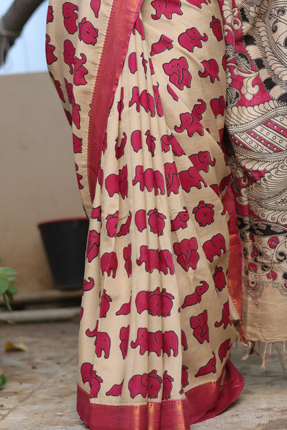 Cream & Pink Elephant Kalamkari Silk Handcrafted Nizam Border Saree