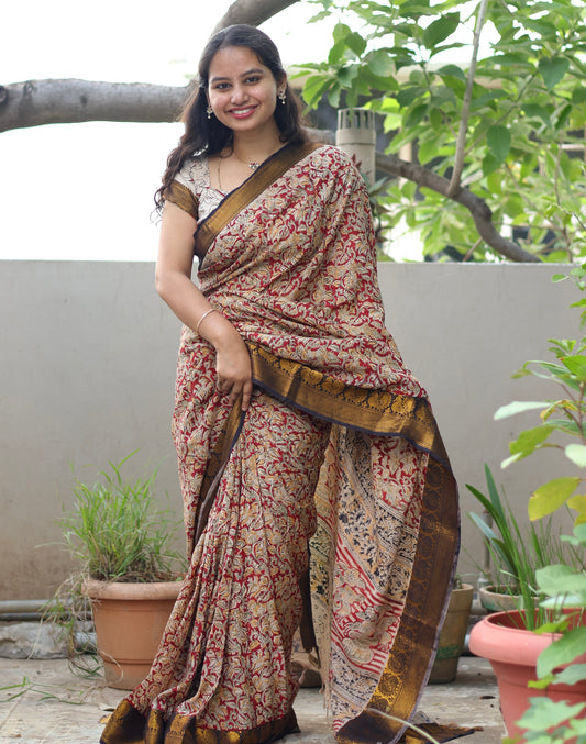 Red Hand Block Printed Kalamkari Kanchi Border Silk Sare