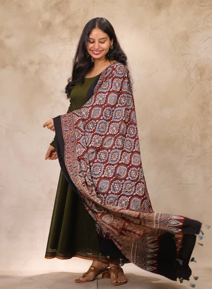 Mehandi Green Narayanpet Cotton Anarkali Dress with Ajrakh Modal Silk Dupatta | Looms & Tassels