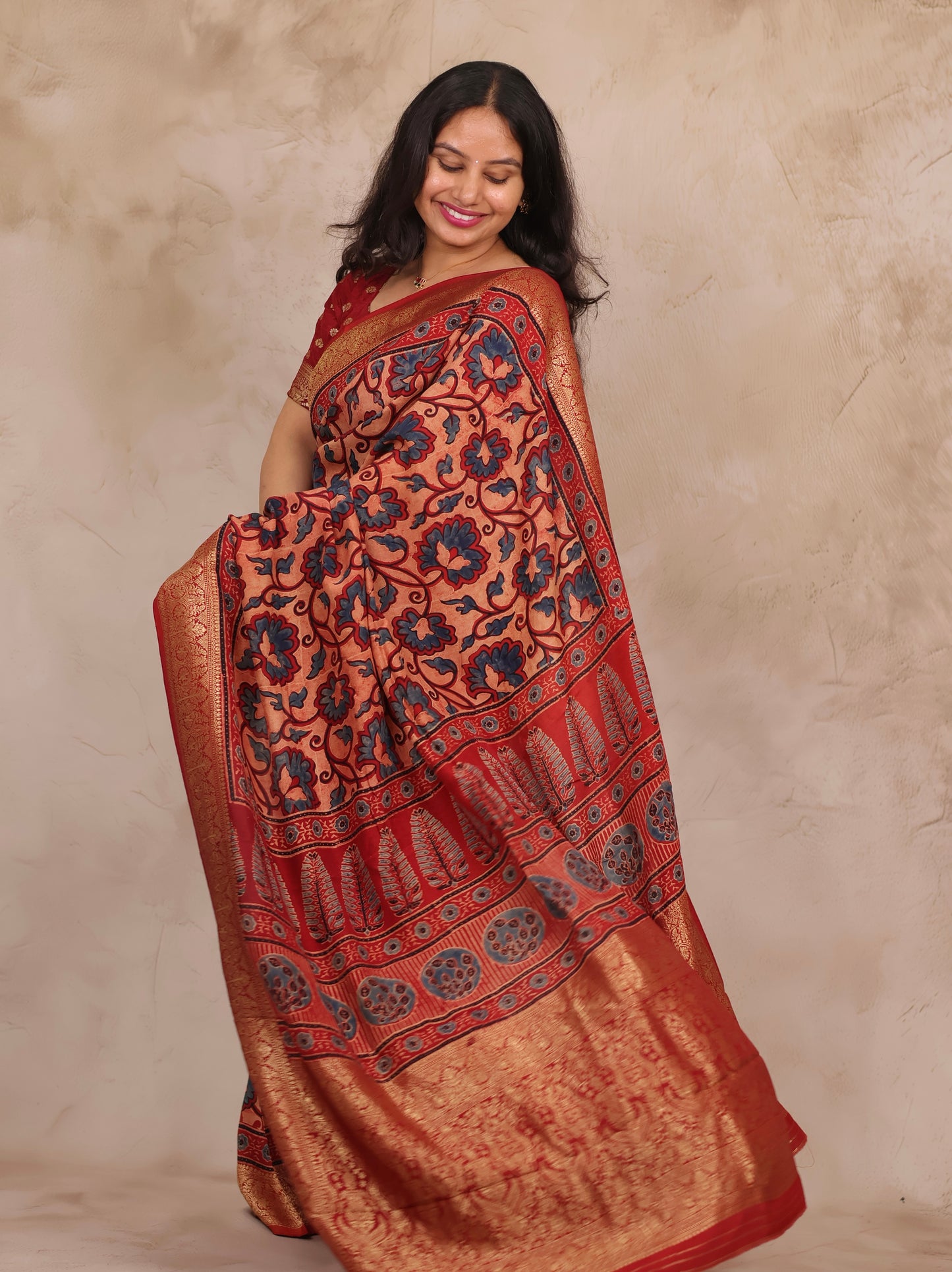 Onion Pink & Blue Ajrakh Handblock printed Dola Silk Saree | Looms & Tassels