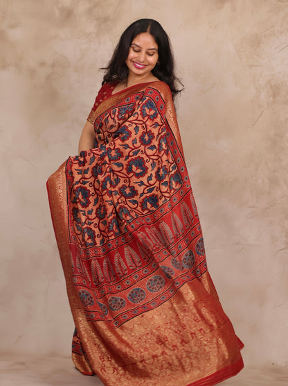 Onion Pink & Blue Ajrakh Handblock printed Dola Silk Saree | Looms & Tassels