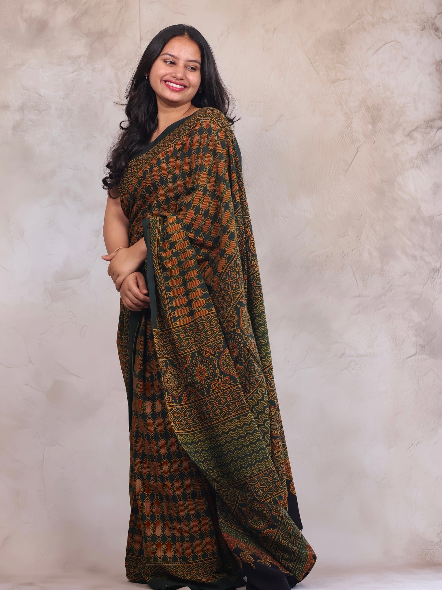 Green Ajrakh Hand Block Printed Mul Cotton Saree | Looms & Tassels