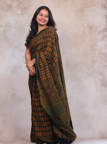 Green Ajrakh Hand Block Printed Mul Cotton Saree | Looms & Tassels