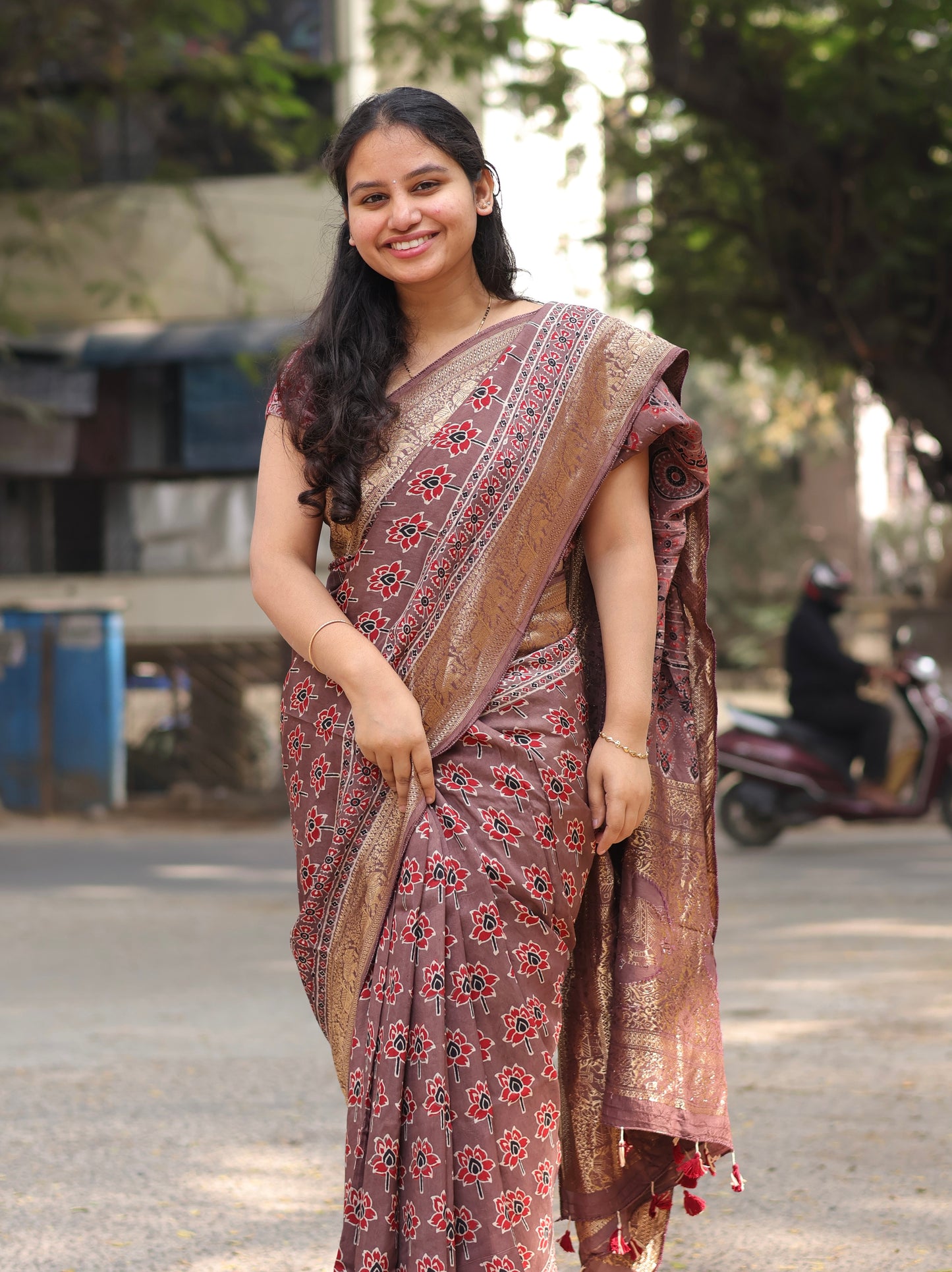 Lotus Butta Authentic Ajrakh Handblock Printed Dola Silk Saree | Looms & Tassels