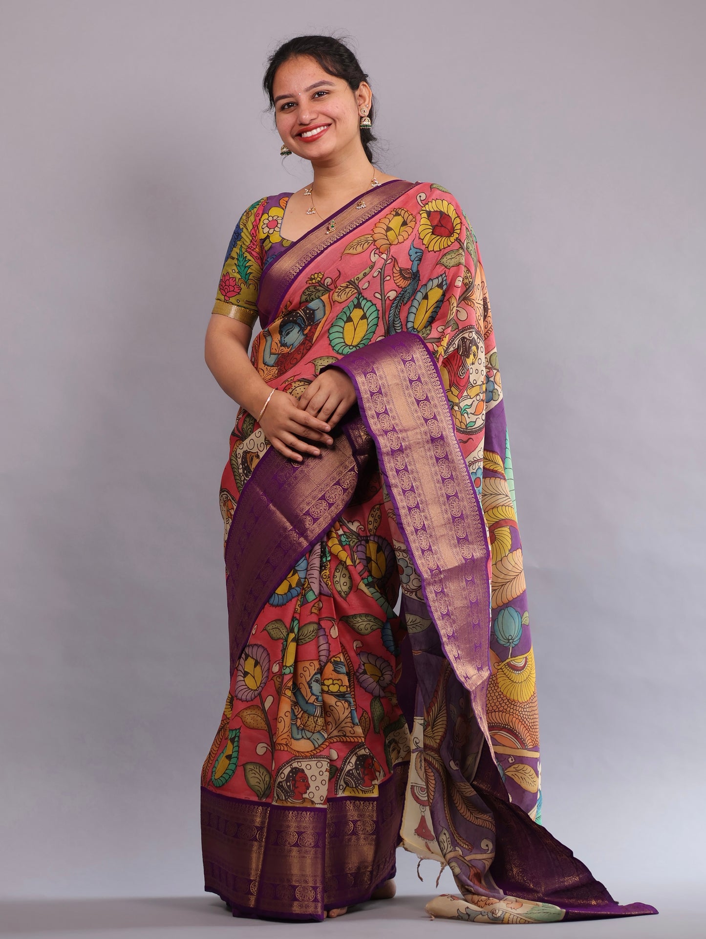 Pink Hand Painted Pen Kalamkari Silk Saree