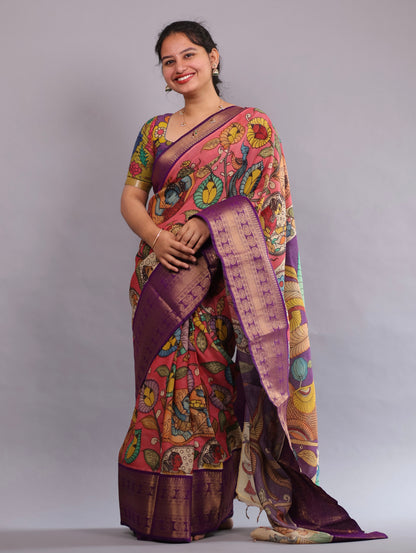 Pink Hand Painted Pen Kalamkari Silk Saree