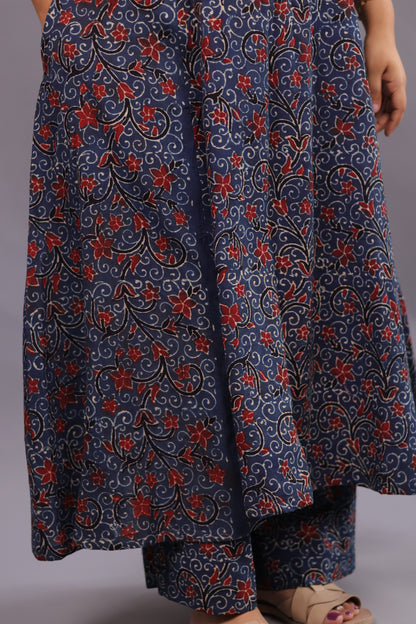 Indigo Ajrakh Handblock Printed Kali Kurti Co-ord Set (Pure Cotton ) | Looms & Tassels