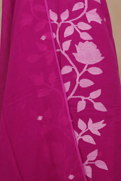 Magenta Handwoven Jamdhani weaving pure Malai cotton 2 piece suit sets | Looms & Tassels