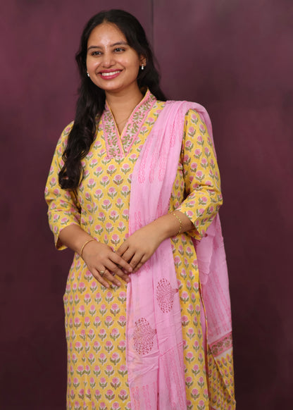 Yellow And Pink Handblock printed Pure Mul Cotton with Chiffon Dupatta 3 piece suit (stitched)