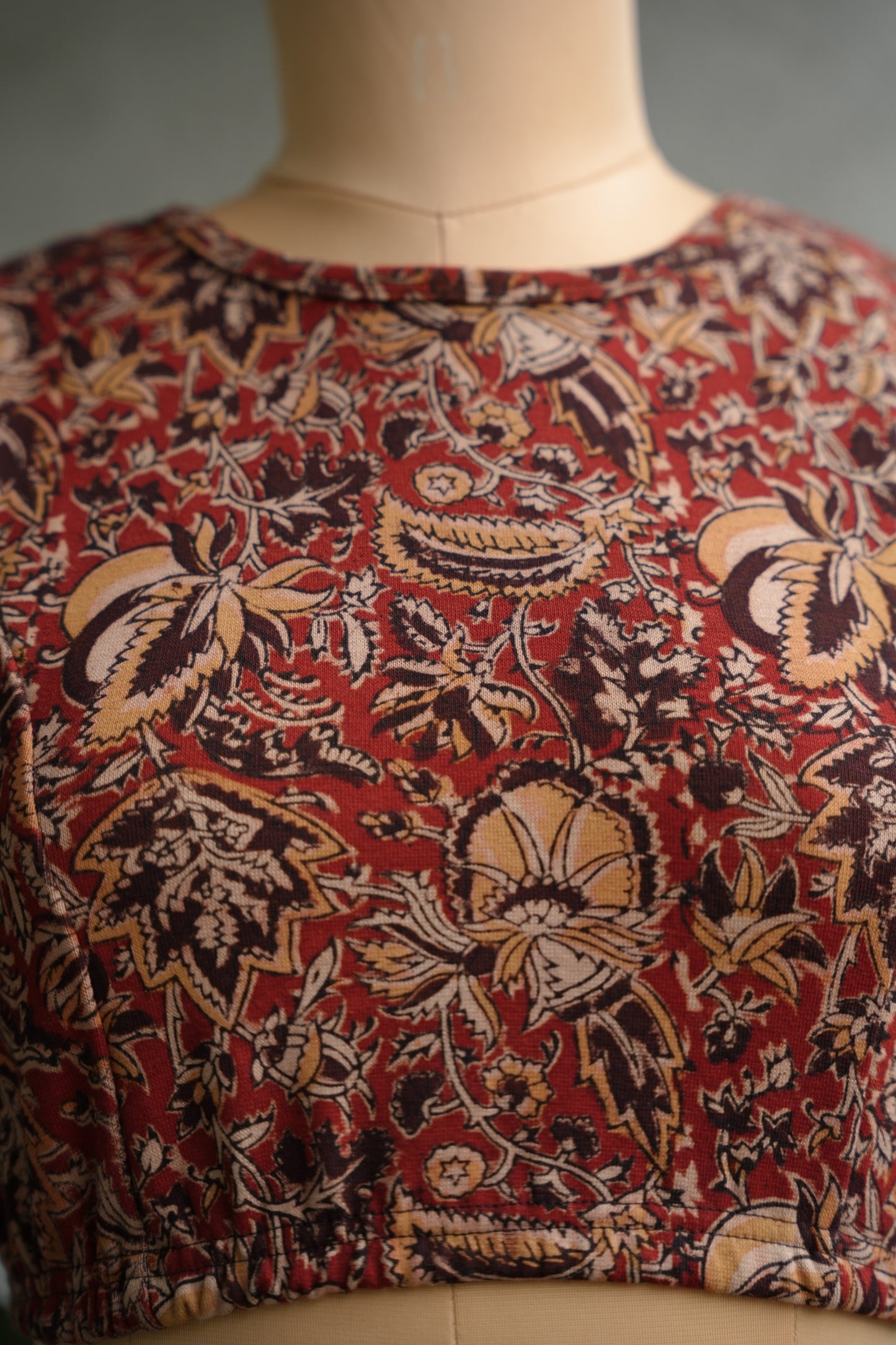 Red Boat Neck Stretchable Hand block printed kalamkari blouse