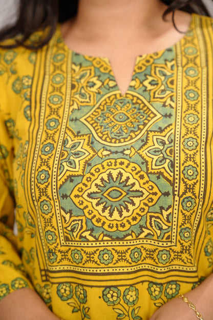 Mustard Yellow Ajrakh Pattern Hand Block printed Kurti | Looms & Tassels