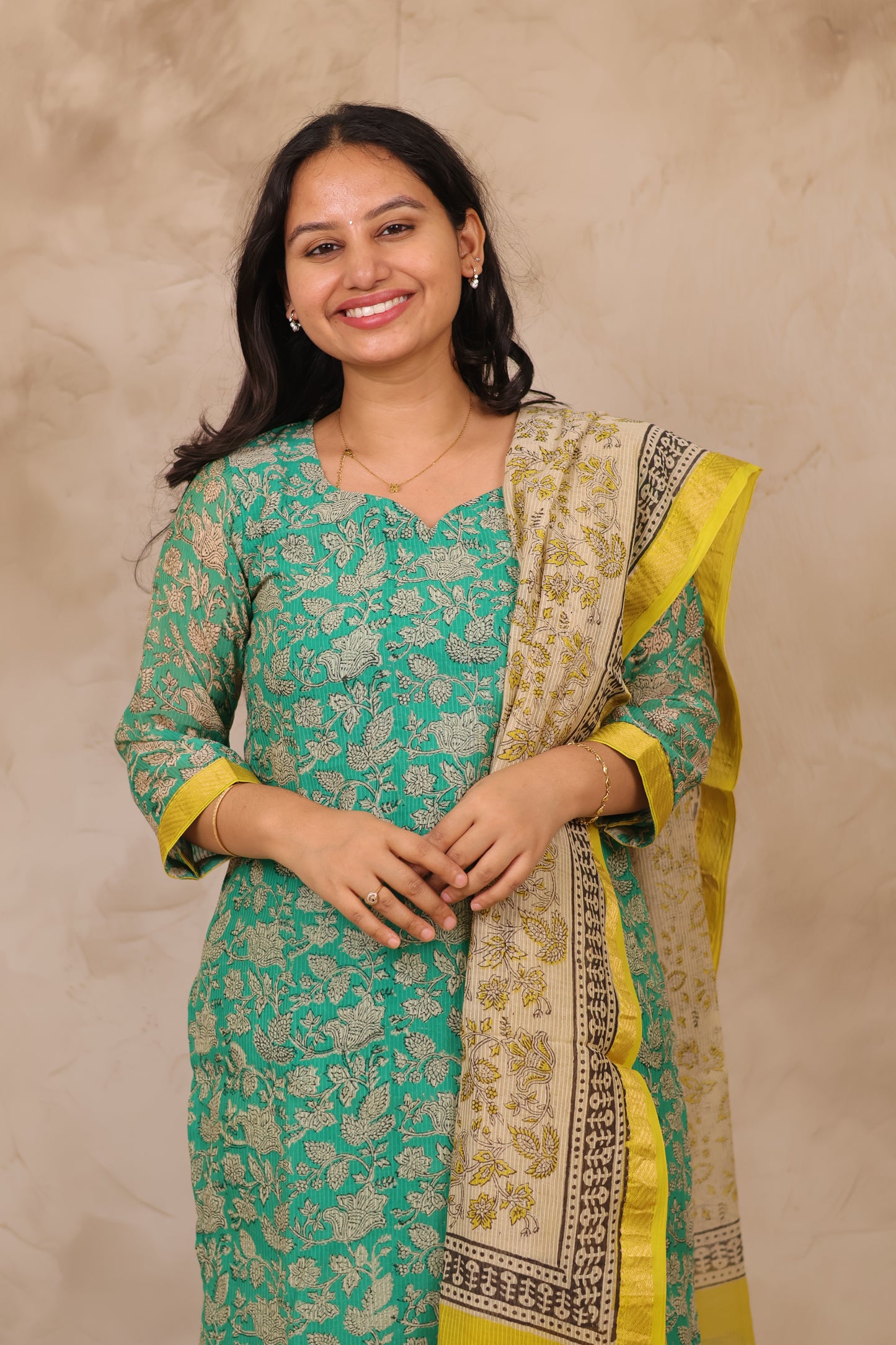 Sea Green Handblock printed Pure Maheswari Silk 3 piece suit (stitched)