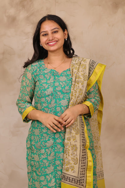 Sea Green Handblock printed Pure Maheswari Silk 3 piece suit (stitched)