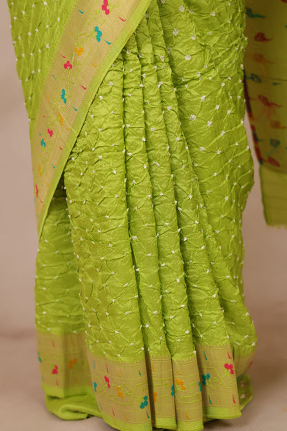 Pista Green Handcrafted Bandhani Paithani Dola Silk Saree | Looms & Tassels