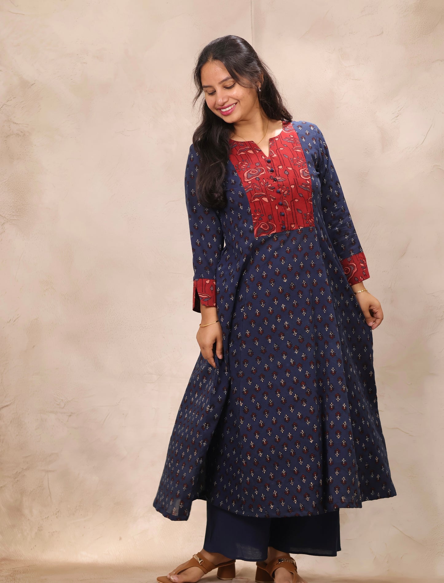 Indigo Patch Work Ajrakh Handblock Printed Kali Kurti (Pure Mul Cotton ) | Looms & Tassels