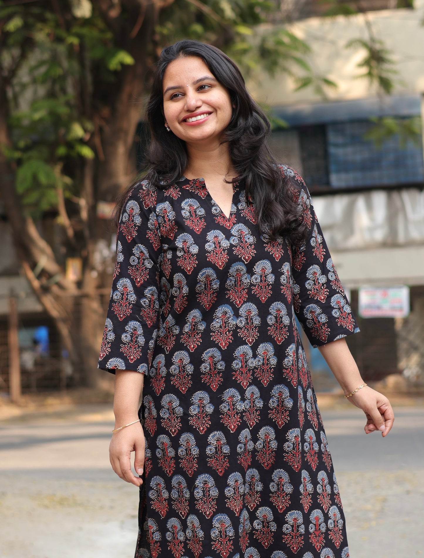Collar Neck Ajrakh Hand Block Printed Kurti | Looms & Tassels