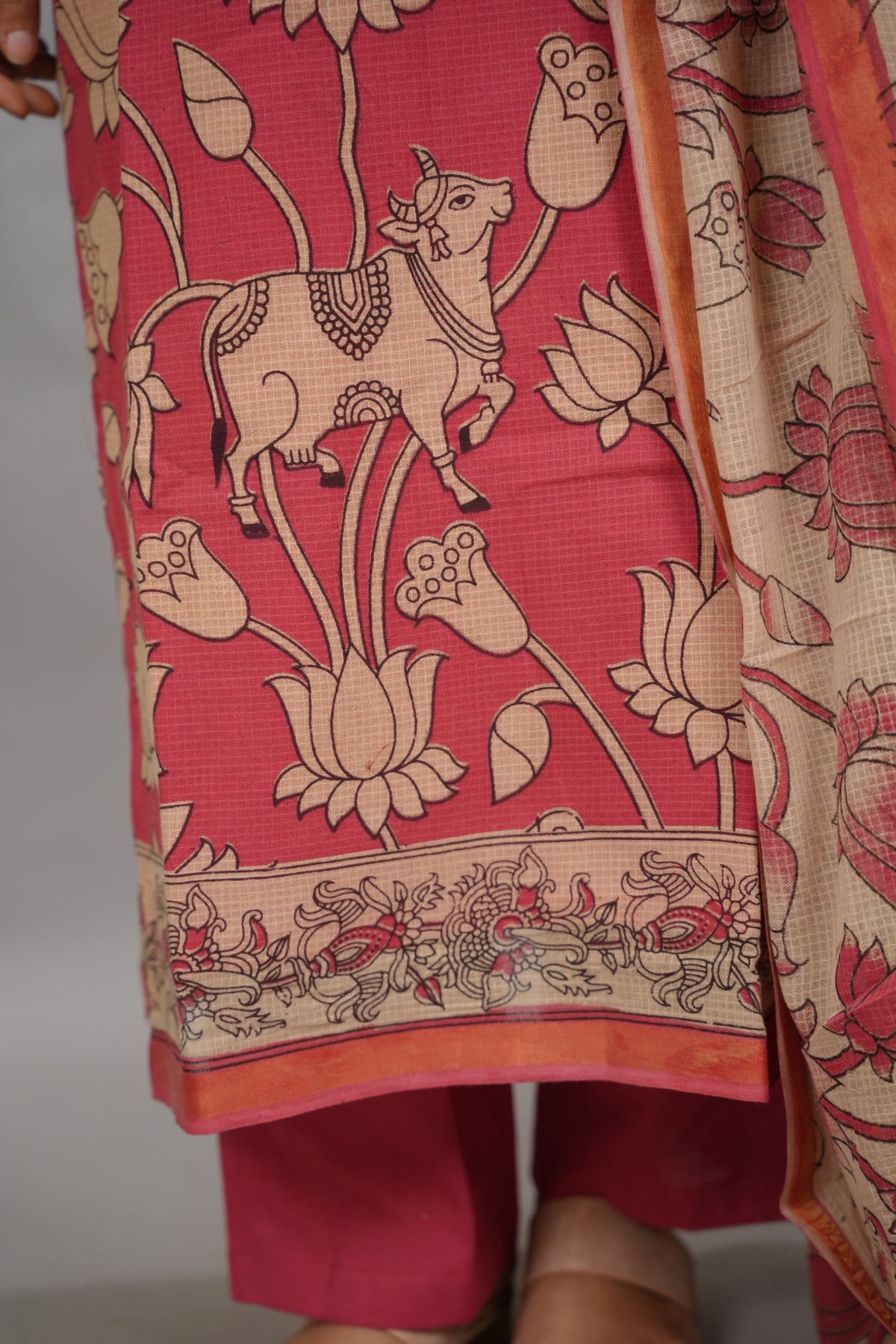 Pink Pichwai Kalamkari Kota Cotton 3 piece suit set (stitched) | Looms & Tassels