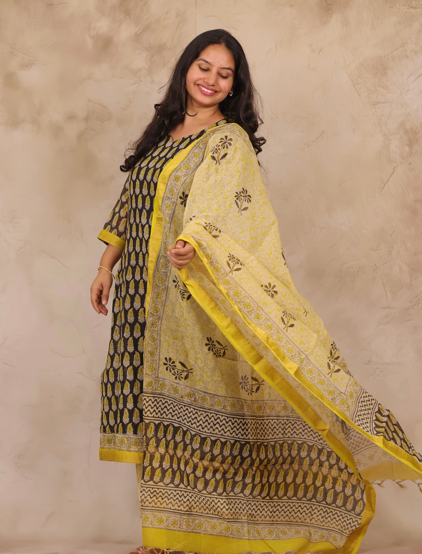 Black & Lemon Yellow Handblock printed Pure Maheswari Silk 3 piece suit (stitched)