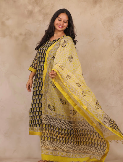 Black & Lemon Yellow Handblock printed Pure Maheswari Silk 3 piece suit (stitched)