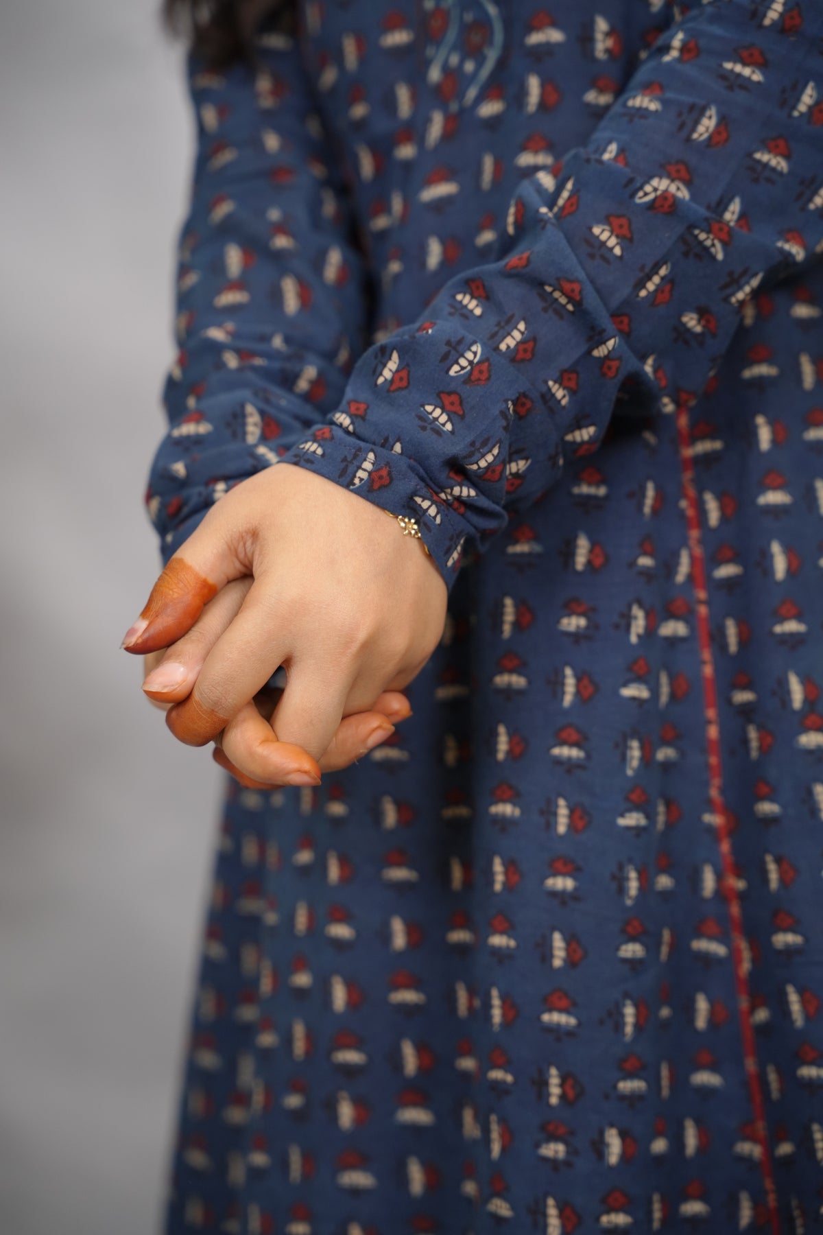Indigo Ajrakh Handblock Printed Kali Kurta with Chudi Sleeves