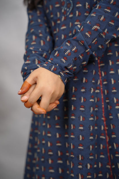 Indigo Ajrakh Handblock Printed Kali Kurta with Chudi Sleeves