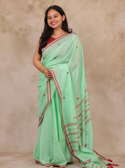Pastel Handwoven Malai Cotton Saree| Looms & Tassels