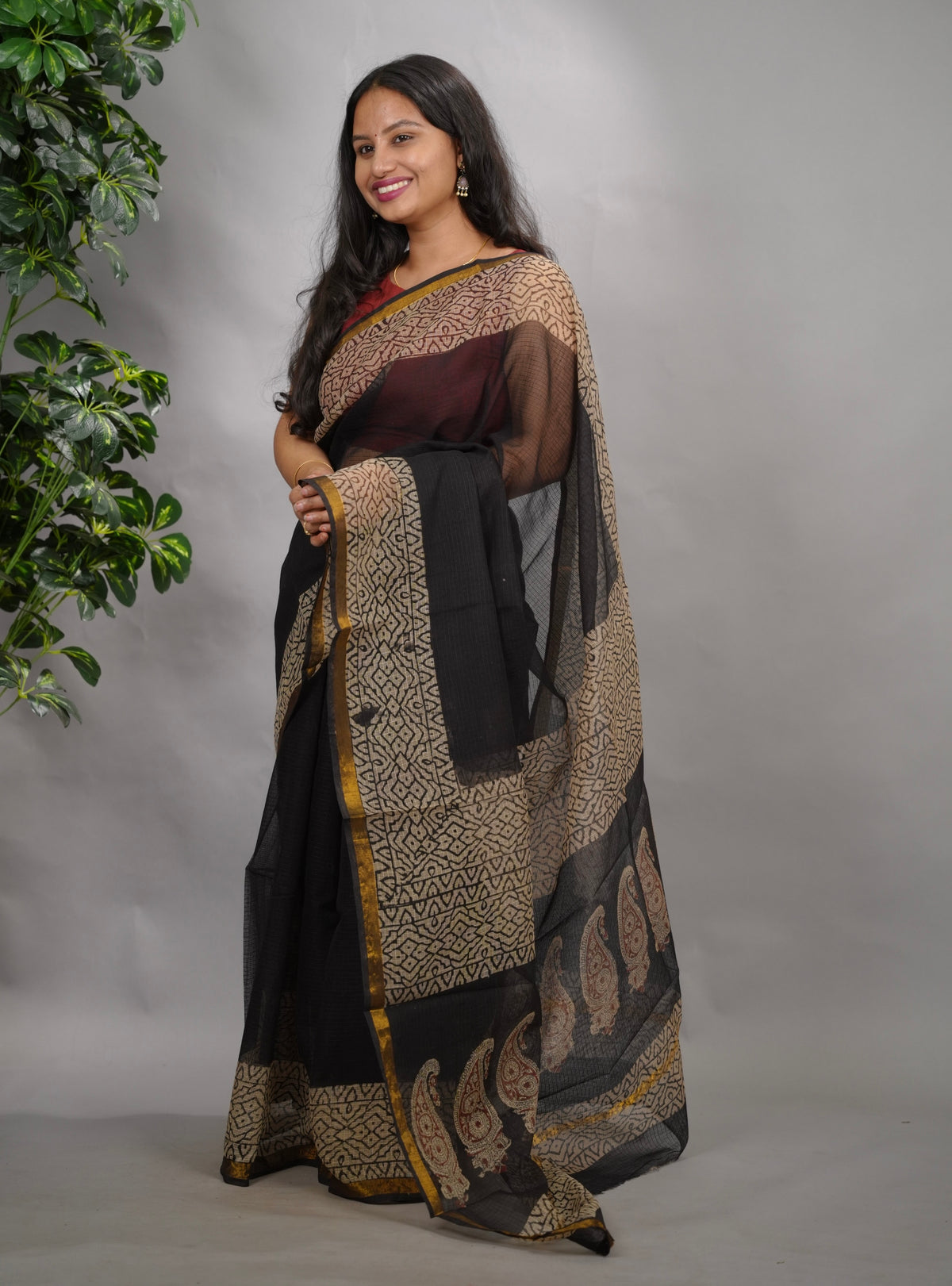Black Pure Kota Doria Saree with Bagru Handblock Prints