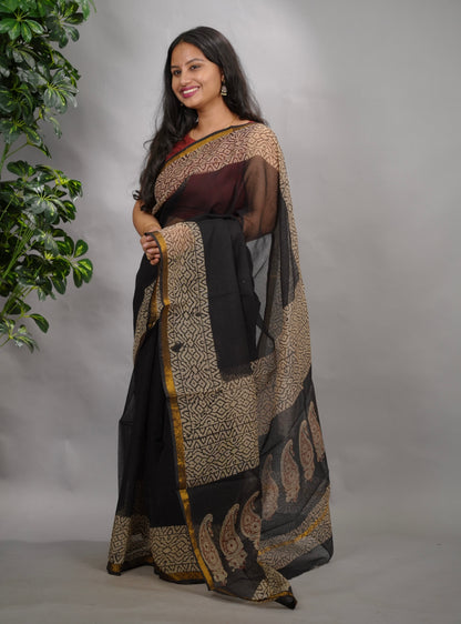 Black Pure Kota Doria Saree with Bagru Handblock Prints