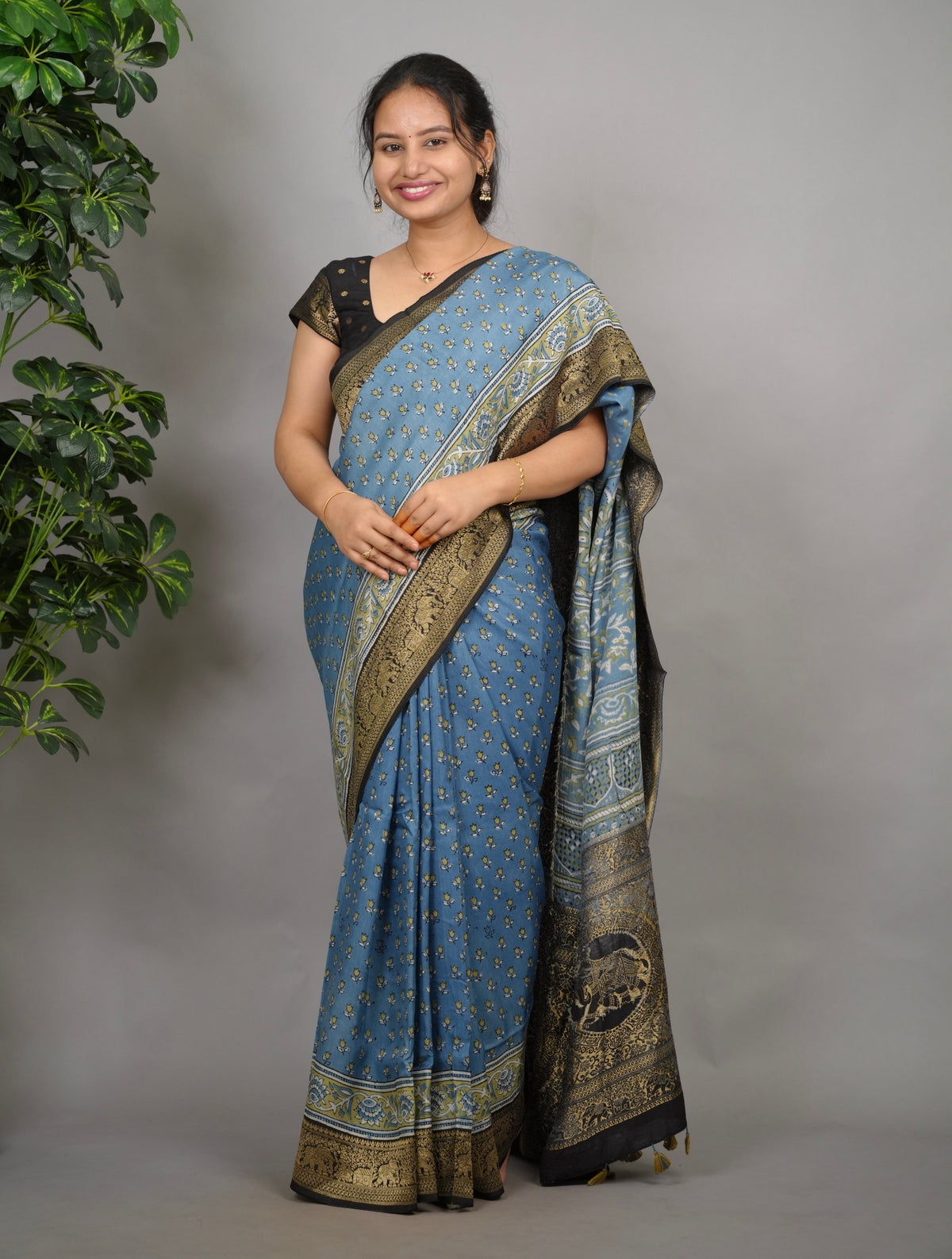 Ajrakh Dola Silk Saree - Blue | Looms & Tassels