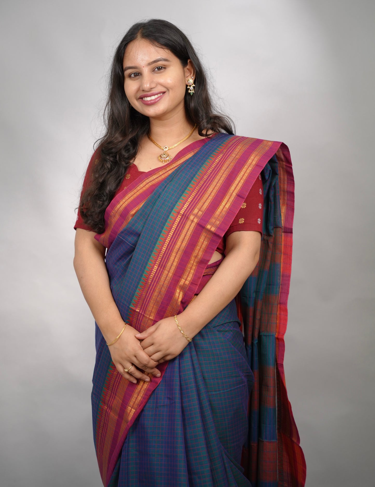 Peacock Blue Checks Narayanpet Cotton Saree with Traditional contrast Border | Looms & Tassels