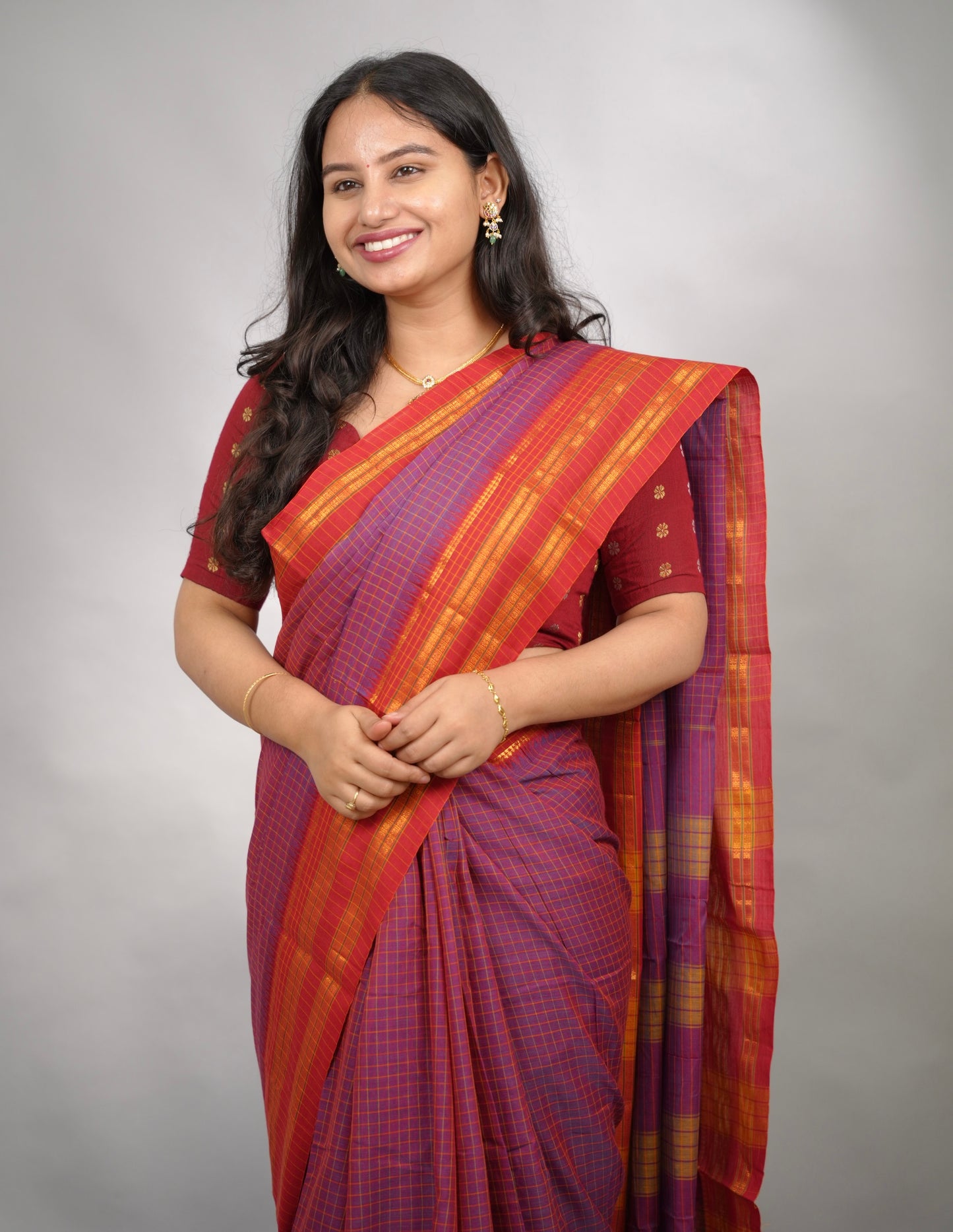 Purple Dual Tone Checks Narayanpet Cotton Saree with Traditional contrast Border | Looms & Tassels