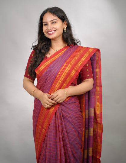 Purple Dual Tone Checks Narayanpet Cotton Saree with Traditional contrast Border | Looms & Tassels