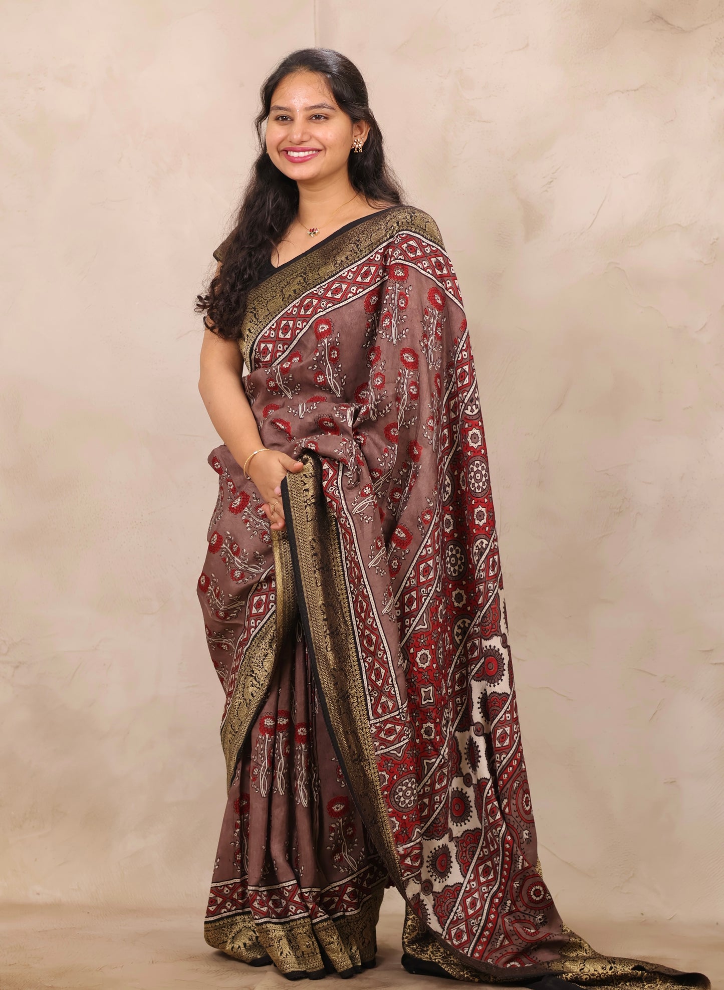 Dusty Brown Ajrakh Handblock printed Dola Silk Saree | Looms & Tassels