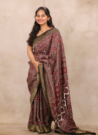 Dusty Brown Ajrakh Handblock printed Dola Silk Saree | Looms & Tassels