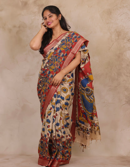 Cream Lotus Story Telling Kalamkari Nizam Border Chennur Silk Saree | Looms & Tassels
