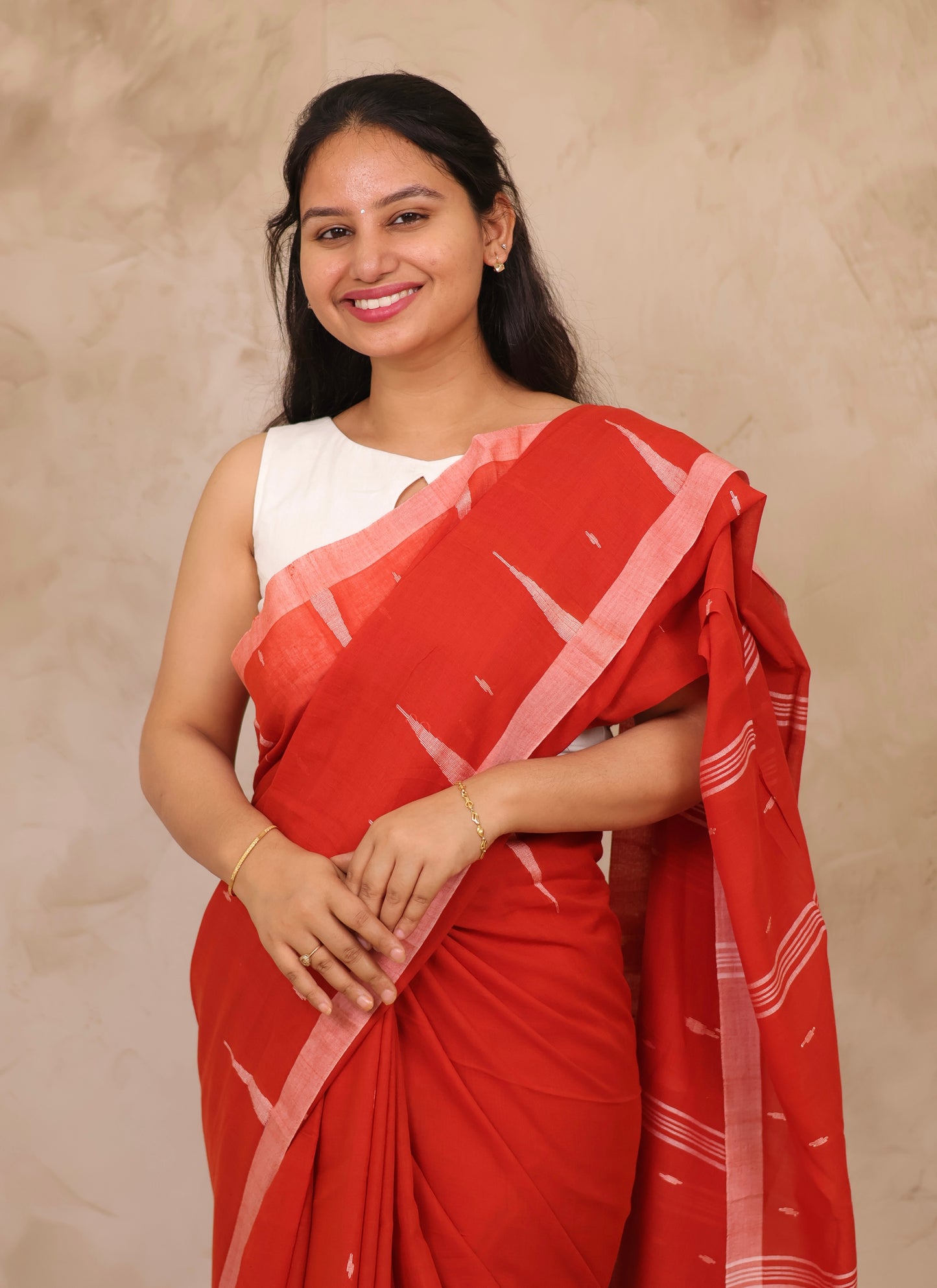 Orange Handwoven Malai Cotton Saree| Looms & Tassels