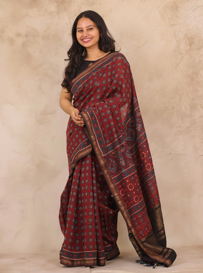 Maheswari Silk Cotton Ajrakh Handblock Printed Saree | Looms & Tassels