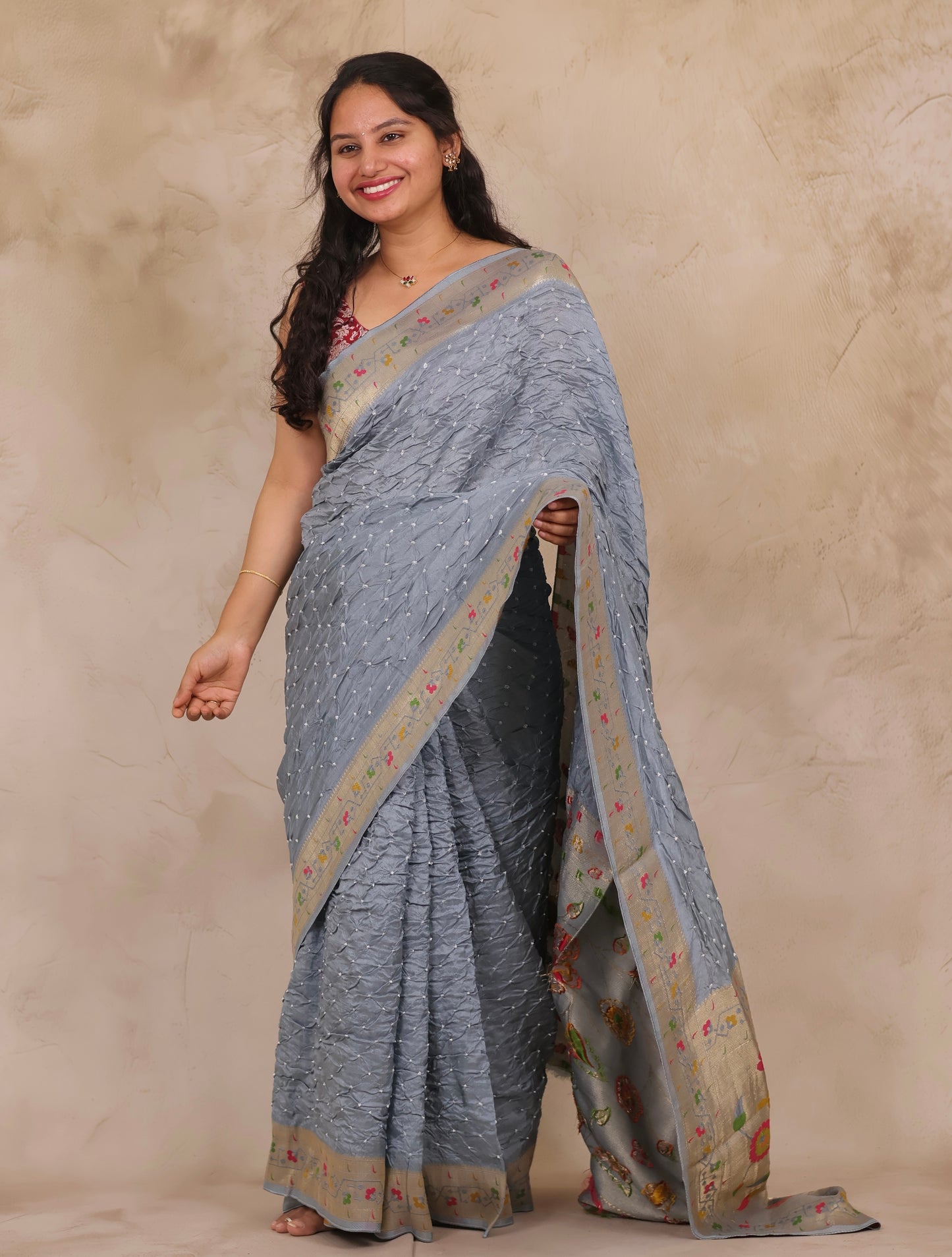 Grey Handcrafted Pattern Bandhani Paithani Dola Silk Saree | Looms & Tassels