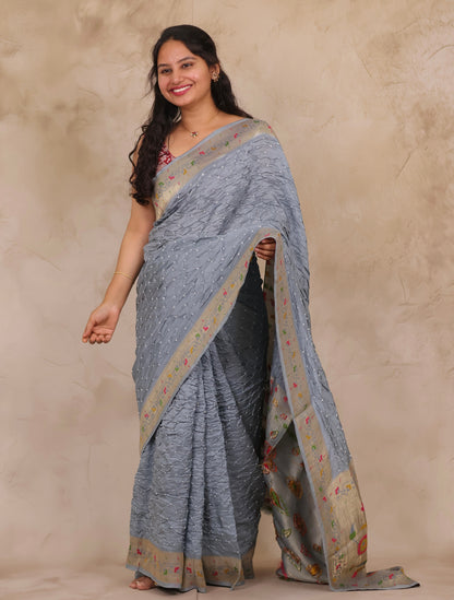 Grey Handcrafted Pattern Bandhani Paithani Dola Silk Saree | Looms & Tassels