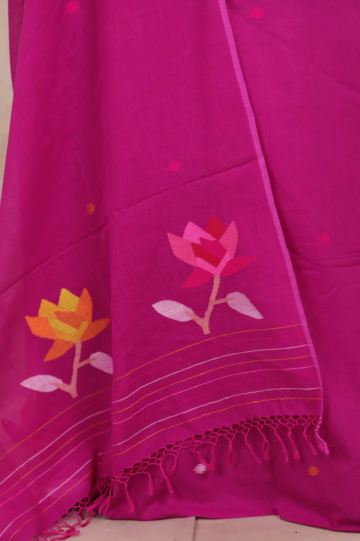 Magenta Handwoven Jamdhani weaving pure Malai cotton 2 piece suit sets | Looms & Tassels