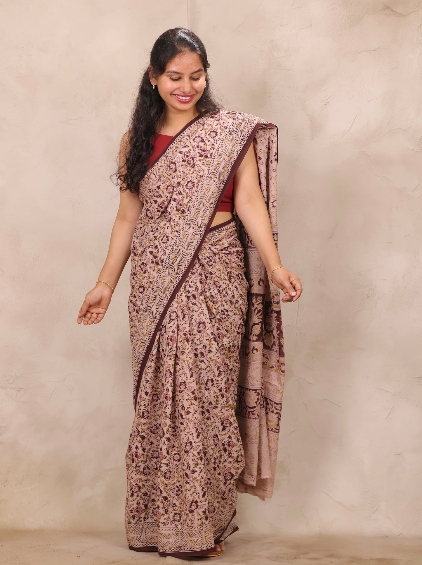 Cream Hand Block Printed Kalamkari Cotton Saree | Looms & Tassels