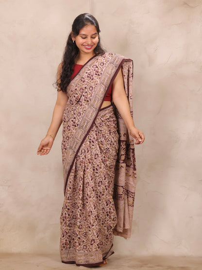 Cream Hand Block Printed Kalamkari Cotton Saree | Looms & Tassels
