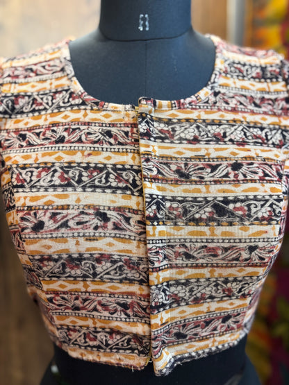 Round neck Stretchable Hand block printed kalamkari blouse with front hooks