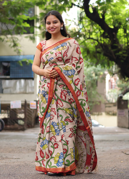 Lotus Kalamkari Nizam Border Silk Saree