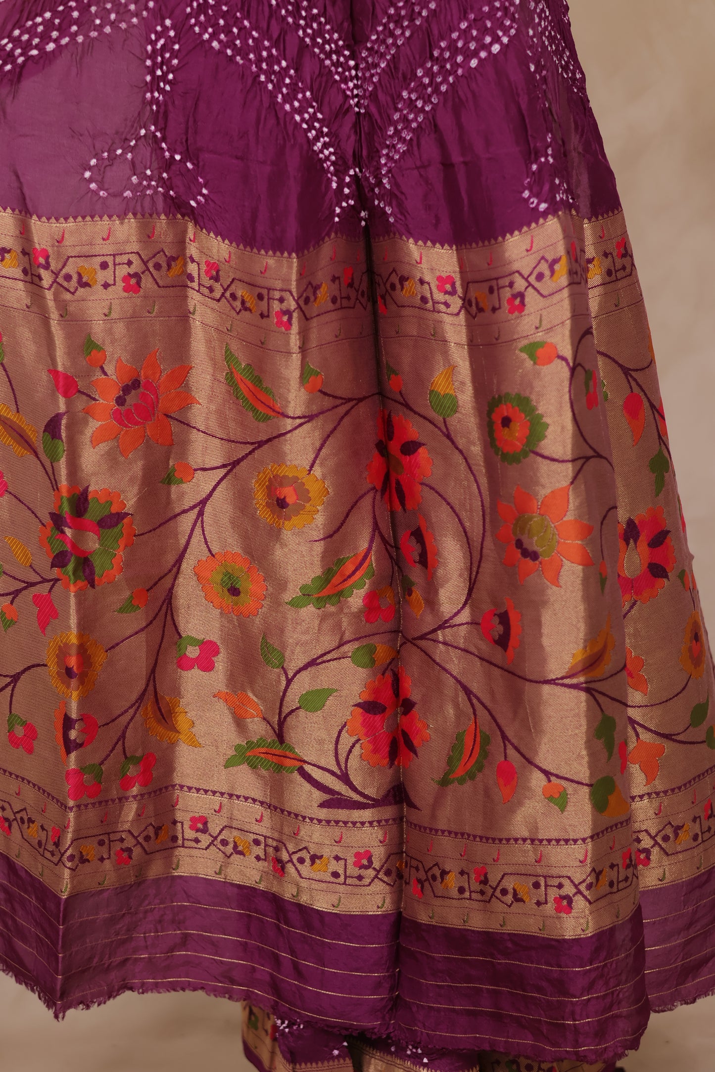 Magenta Handcrafted Pattern Bandhani Paithani Dola Silk Saree | Looms & Tassels
