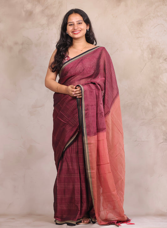 Narayanpet Cotton Saree lines weaving with Contrast Block printed blouse | Looms & Tassels